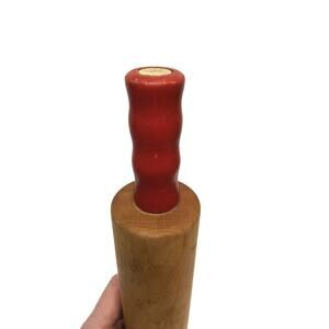 Vintage Rustic Wooden Rolling Pin Red Handles 15" Country Farmhouse Kitchen